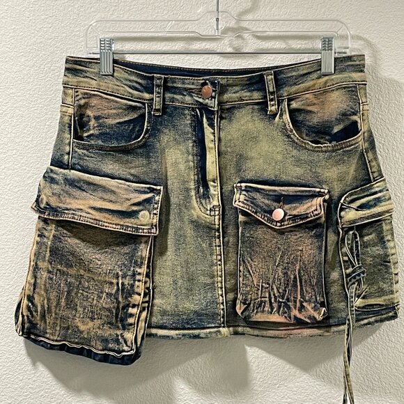 AMERICAN BAZI Denim Mini Skirt Cargo Pockets Over-dyed Distressed Blue Size L - Picture 2 of 13